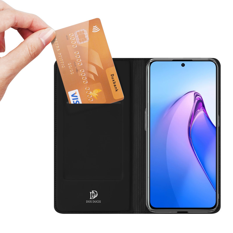 Dux Ducis Skin Pro dėklas, skirtas Oppo Reno 8 Pro dangteliu su atvartu, kortelių piniginės stovu juodas