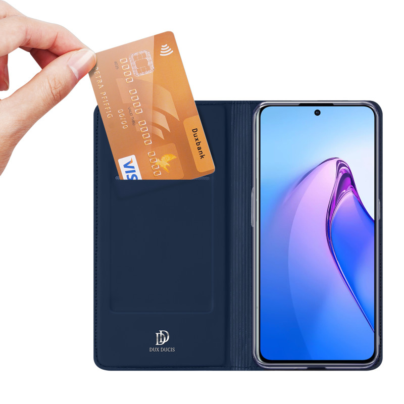 Dux Ducis Skin Pro dėklas, skirtas Oppo Reno 8 Pro dangteliu su atvartu, kortelės piniginės stovu mėlynas
