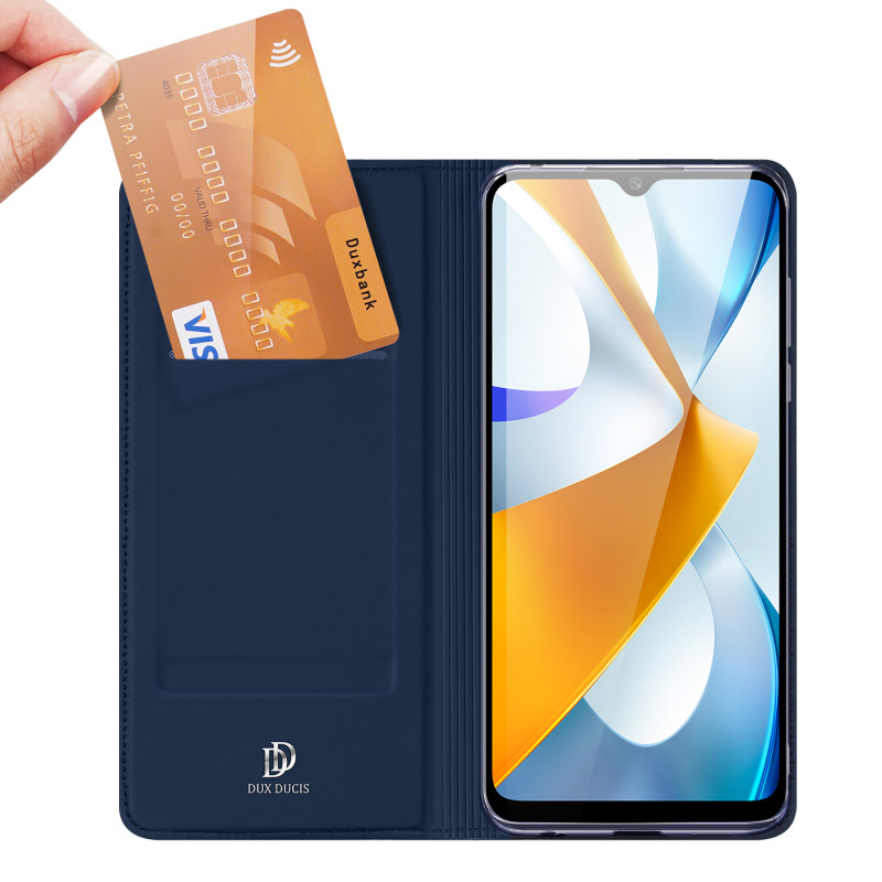 Dux Ducis Skin Pro dėklas Xiaomi Poco C40 su atvartu kortelės piniginės stovas mėlynas