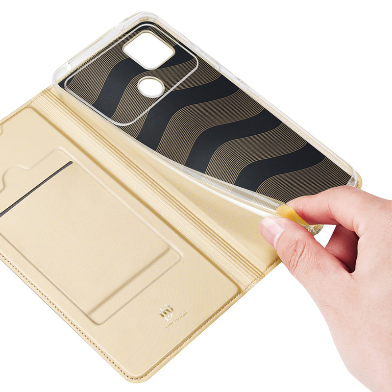 Dux Ducis Skin Pro dėklas Xiaomi Poco C40 su atvartu kortelės piniginės stovas auksinis
