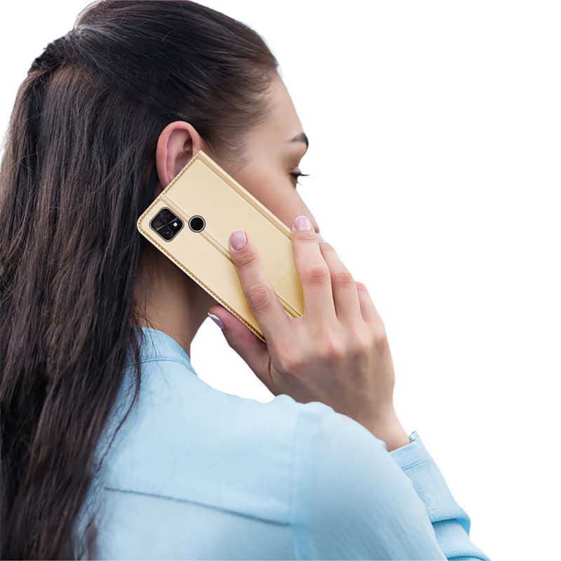 Dux Ducis Skin Pro dėklas Xiaomi Poco C40 su atvartu kortelės piniginės stovas auksinis