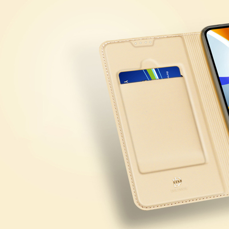 Dux Ducis Skin Pro dėklas Xiaomi Poco C40 su atvartu kortelės piniginės stovas auksinis
