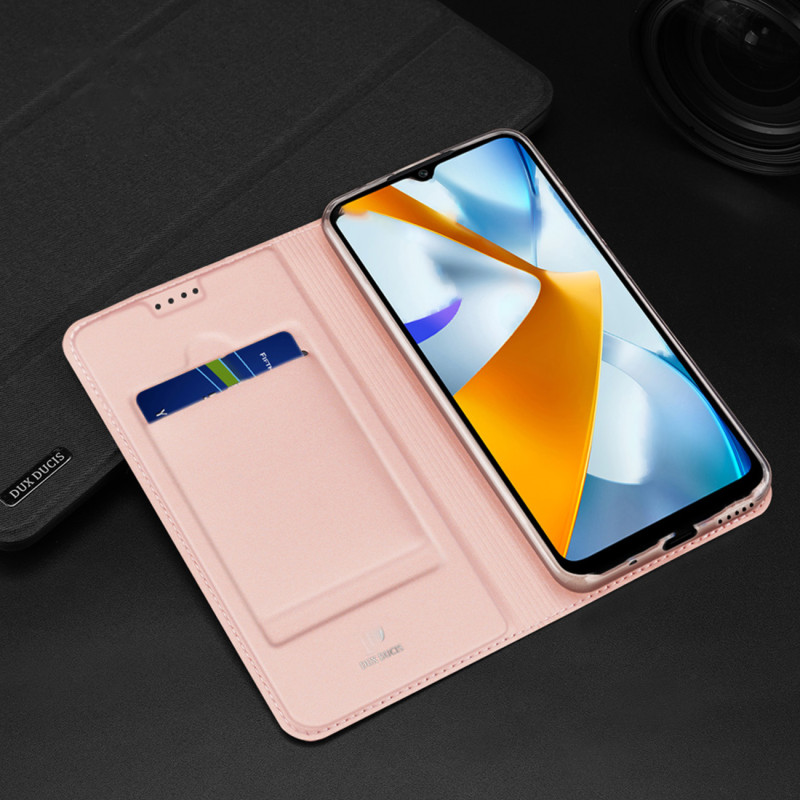 Dux Ducis Skin Pro dėklas Xiaomi Poco C40 su atvartu kortelės piniginės stovas auksinis