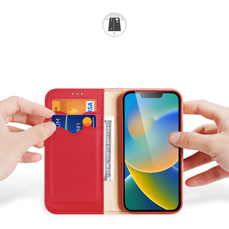 „Dux Ducis Hivo“ odinis atverčiamas dėklas Natūralios odos dėklas piniginė kortelėms ir ID „iPhone 14 Plus Red“