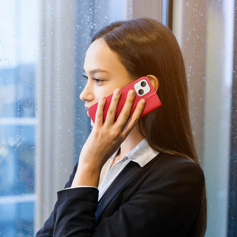 „Dux Ducis Hivo“ odinis atverčiamas dėklas Natūralios odos dėklas piniginė kortelėms ir ID „iPhone 14 Plus Red“