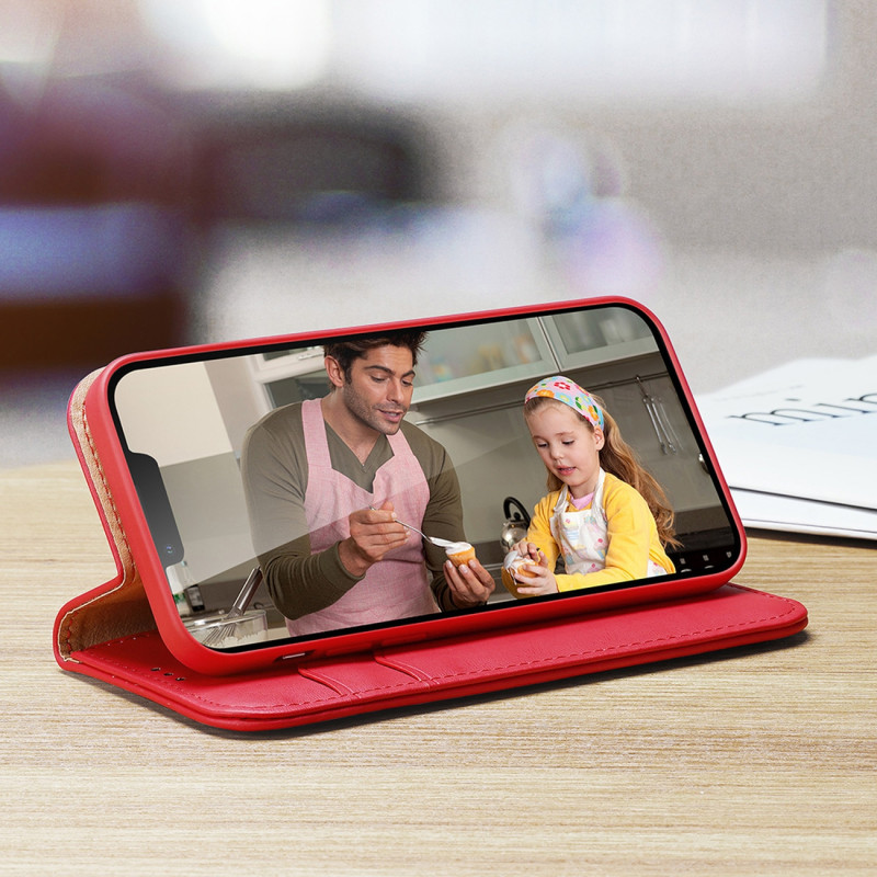 „Dux Ducis Hivo“ odinis atverčiamas dėklas Natūralios odos dėklas piniginė kortelėms ir ID „iPhone 14 Plus Red“