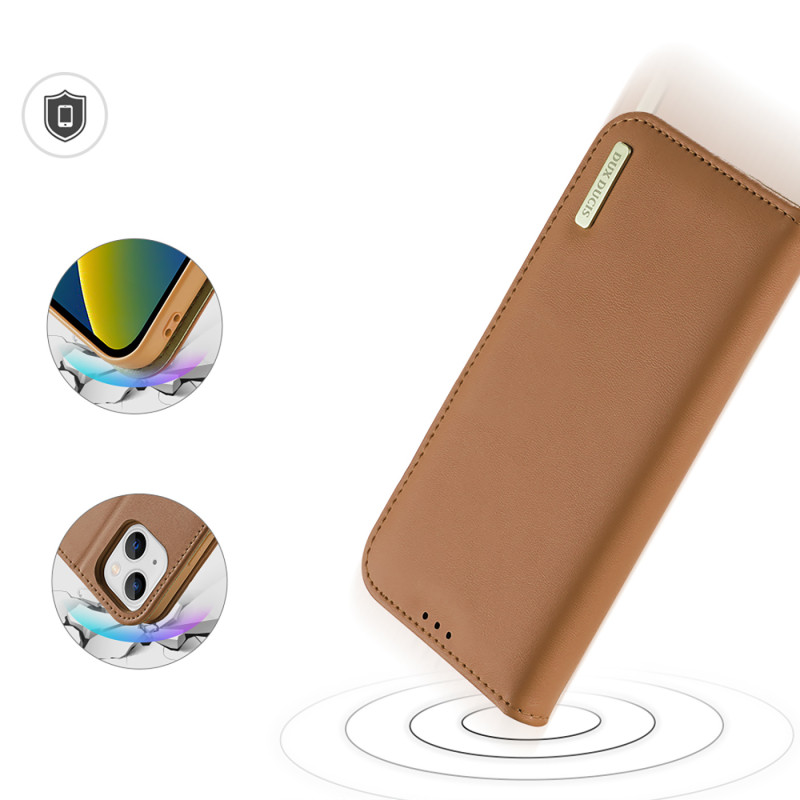 „Dux Ducis Hivo“ odinis atverčiamas dėklas Natūralios odos dėklas piniginė kortelėms ir ID „iPhone 14 Plus“ ruda