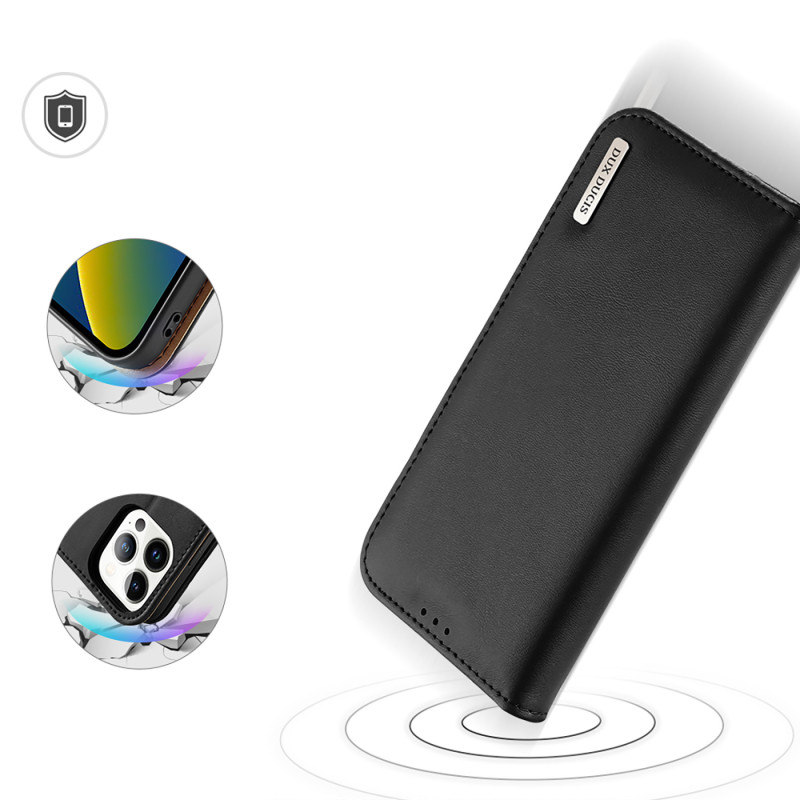 „Dux Ducis Hivo“ odinis atverčiamas dėklas Natūralios odos dangtelis piniginė kortelėms ir ID „iPhone 14 Pro Black“