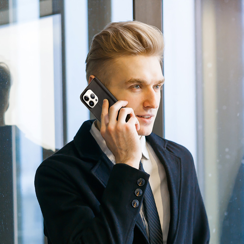 „Dux Ducis Hivo“ odinis atverčiamas dėklas Natūralios odos dangtelis piniginė kortelėms ir ID „iPhone 14 Pro Black“