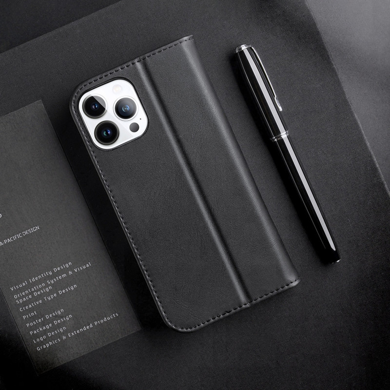 „Dux Ducis Hivo“ odinis atverčiamas dėklas Natūralios odos dangtelis piniginė kortelėms ir ID „iPhone 14 Pro Black“