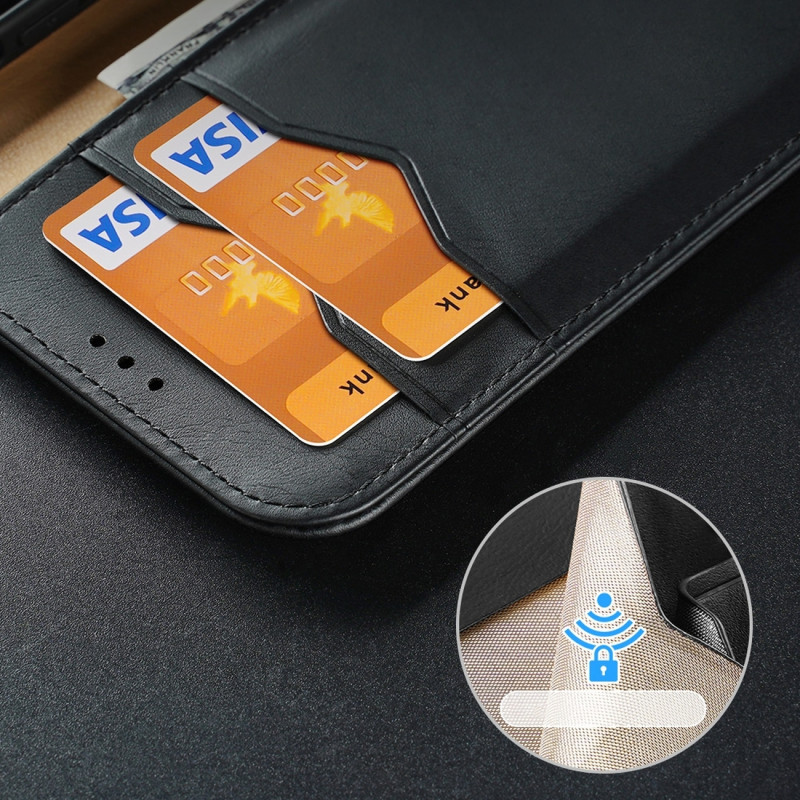 „Dux Ducis Hivo“ odinis atverčiamas dėklas Natūralios odos dangtelis piniginė kortelėms ir ID „iPhone 14 Pro Black“