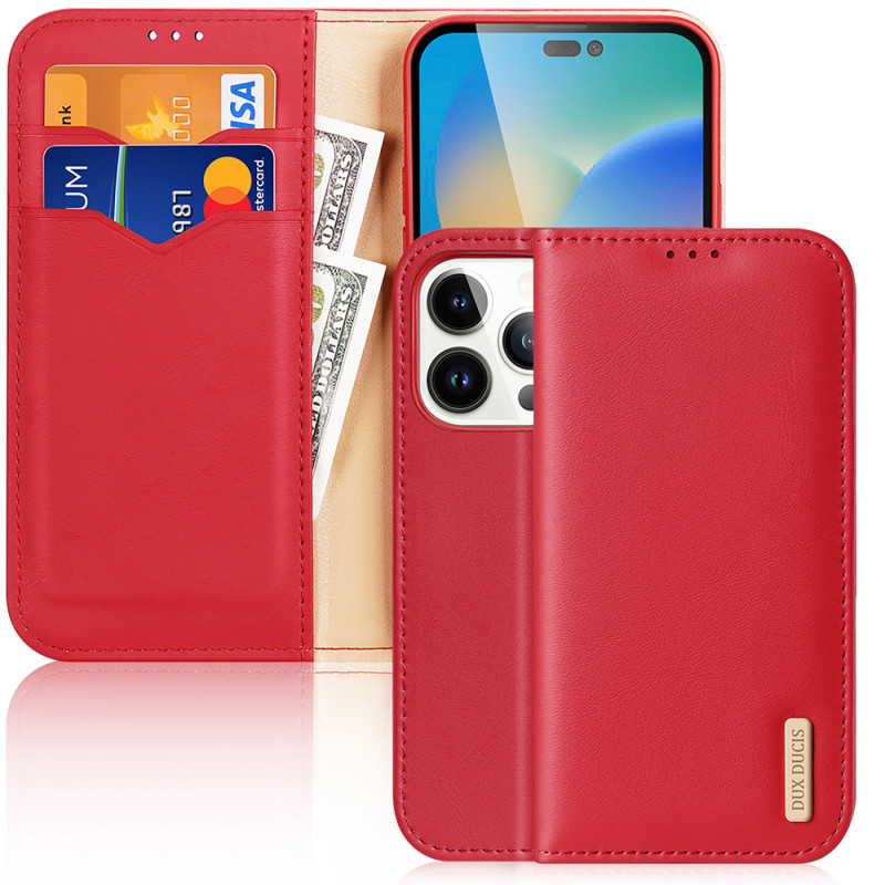 „Dux Ducis Hivo“ odinis atverčiamas dėklas Natūralios odos dangtelis piniginė kortelėms ir ID „iPhone 14 Pro Red“