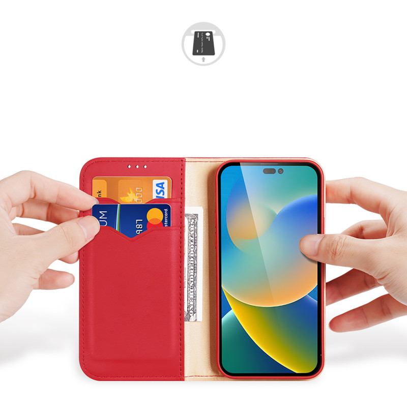 „Dux Ducis Hivo“ odinis atverčiamas dėklas Natūralios odos dangtelis piniginė kortelėms ir ID „iPhone 14 Pro Red“