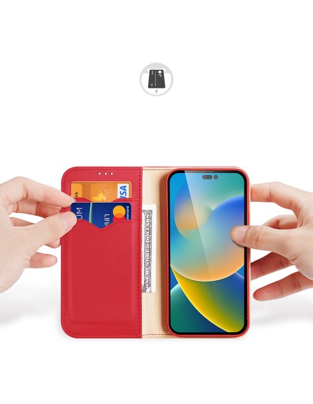 „Dux Ducis Hivo“ odinis atverčiamas dėklas Natūralios odos dangtelis piniginė kortelėms ir ID „iPhone 14 Pro Red“ „Dux Ducis Hivo“ odinis atverčiamas dėklas Natūralios odos dangtelis piniginė kortelėms ir ID „iPhone 14 Pro Red“