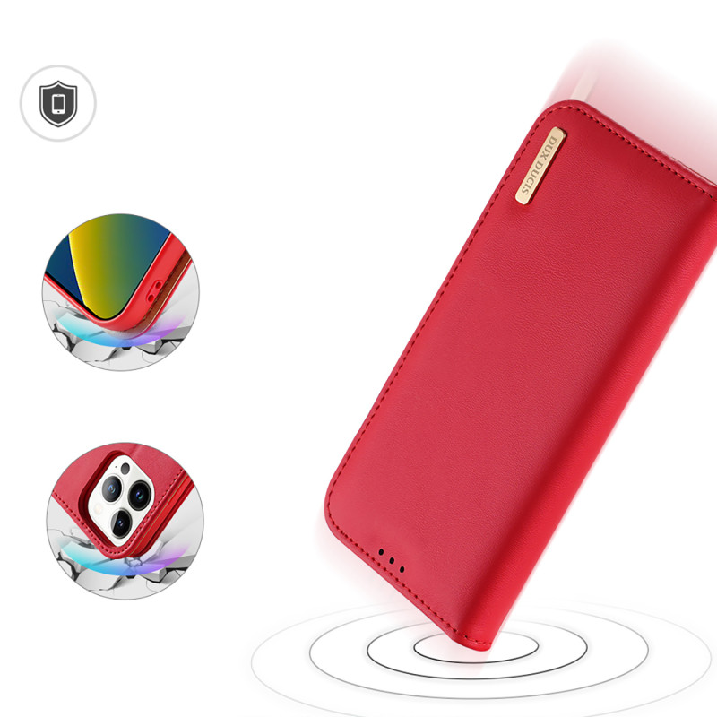 „Dux Ducis Hivo“ odinis atverčiamas dėklas Natūralios odos dangtelis piniginė kortelėms ir ID „iPhone 14 Pro Red“