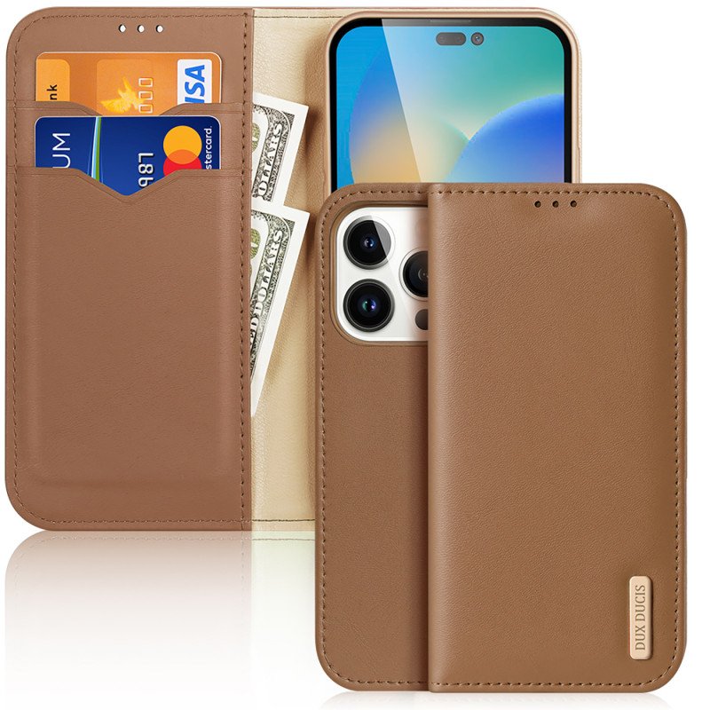 „Dux Ducis Hivo“ odinis atverčiamas dėklas Natūralios odos dangtelis piniginė kortelėms ir ID „iPhone 14 Pro Brown“