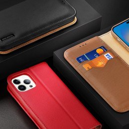 „Dux Ducis Hivo“ odinis atverčiamas dėklas Natūralios odos dangtelis piniginė kortelėms ir ID „iPhone 14 Pro Brown“