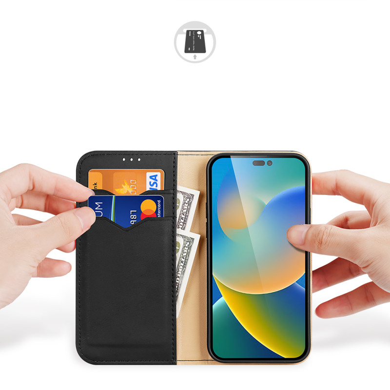 „Dux Ducis Hivo“ odinis atverčiamas dėklas Natūralios odos dangtelis piniginė kortelėms ir ID „iPhone 14 Pro Max“ juoda