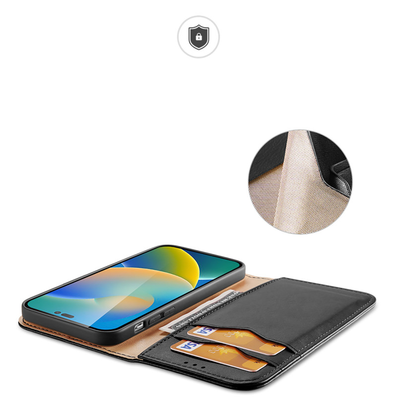 „Dux Ducis Hivo“ odinis atverčiamas dėklas Natūralios odos dangtelis piniginė kortelėms ir ID „iPhone 14 Pro Max“ juoda