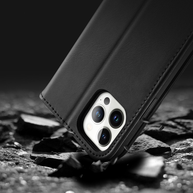 „Dux Ducis Hivo“ odinis atverčiamas dėklas Natūralios odos dangtelis piniginė kortelėms ir ID „iPhone 14 Pro Max“ juoda