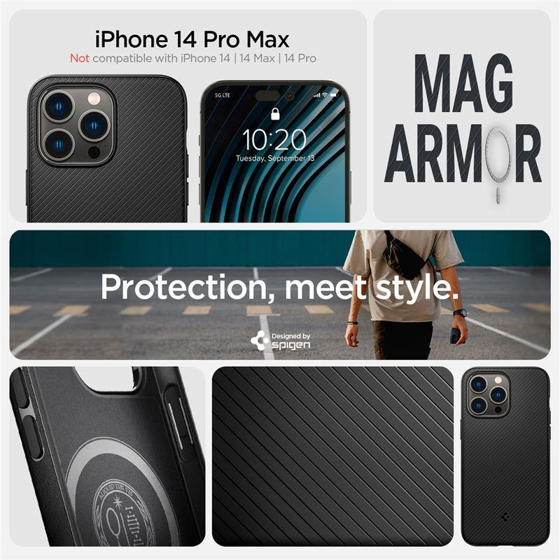 Spigen Mag Armor dėklas su MagSafe, skirtas iPhone 14 Pro Max - matinė juoda