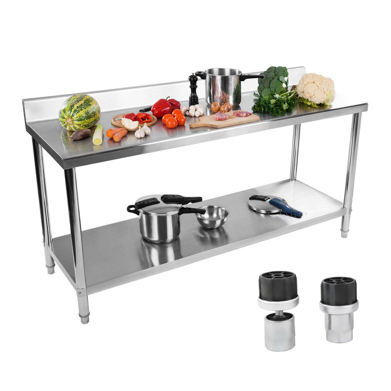 Sieninis gastronominis plieninis stalviršis su apvadu ir lentyna 200x60cm Sieninis gastronominis plieninis stalviršis su apvadu ir lentyna 200x60cm