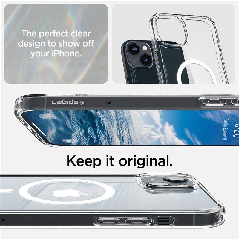 Spigen Ultra Hybrid Mag Dėklas su MagSafe, skirtas iPhone 14 Plus – skaidrus ir baltas