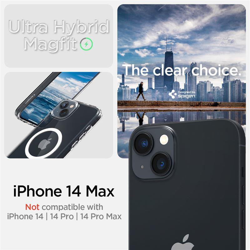 Spigen Ultra Hybrid Mag Dėklas su MagSafe, skirtas iPhone 14 Plus – skaidrus ir baltas