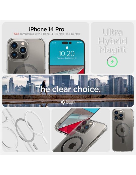 Spigen Ultra Hybrid Mag Dėklas su MagSafe, skirtas iPhone 14 Pro – skaidri pilka