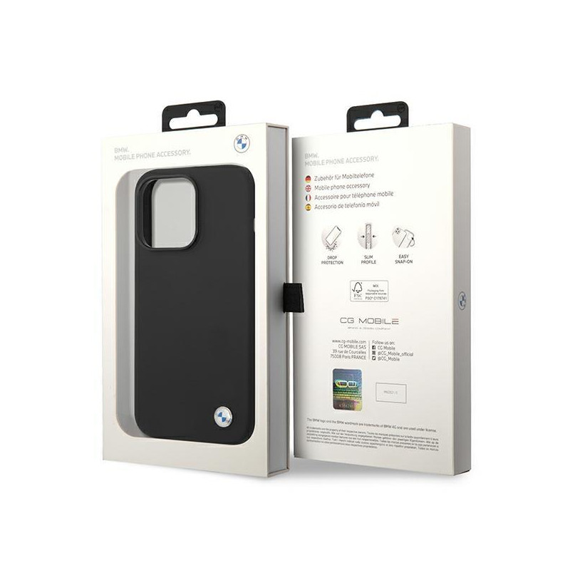 BMW Silicone Metal Logo dėklas iPhone 14 Pro Max - juodas