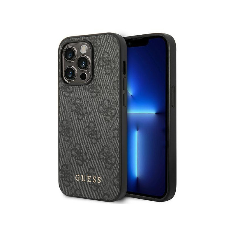 Guess 4G Metal Gold Logo dėklas, skirtas iPhone 14 Pro - pilkas