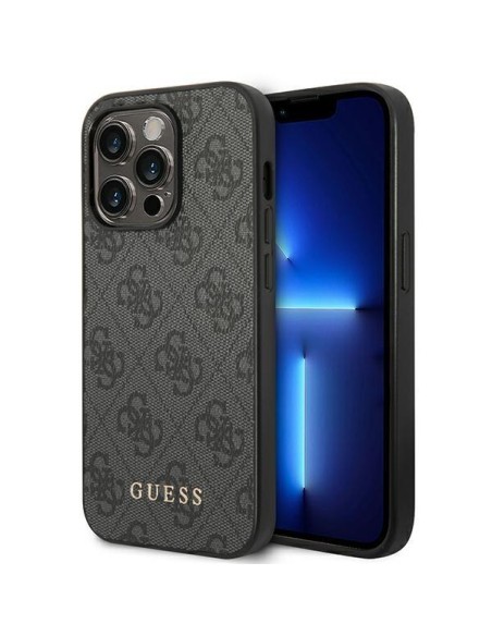 Guess GUHCP14XG4GFGR iPhone 14 Pro Max 6,7" pilkas/ pilkas kietas dėklas, 4G metalinis auksinis logotipas
