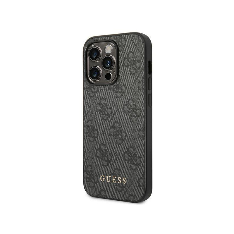 Guess GUHCP14XG4GFGR iPhone 14 Pro Max 6,7" pilkas/ pilkas kietas dėklas, 4G metalinis auksinis logotipas