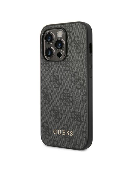 Guess GUHCP14XG4GFGR iPhone 14 Pro Max 6,7" pilkas/ pilkas kietas dėklas, 4G metalinis auksinis logotipas