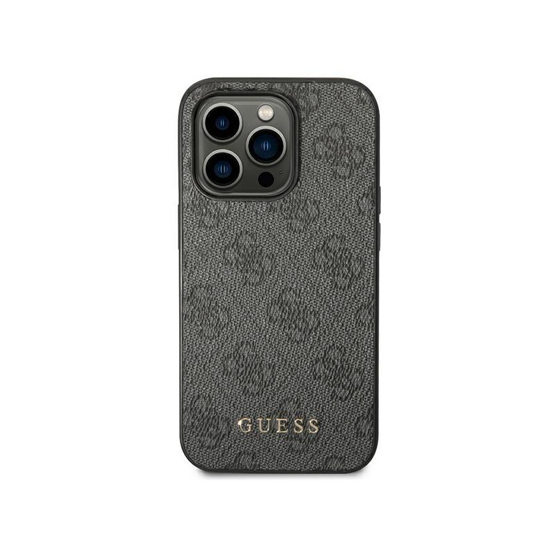 Guess GUHCP14XG4GFGR iPhone 14 Pro Max 6,7" pilkas/ pilkas kietas dėklas, 4G metalinis auksinis logotipas