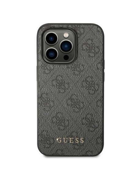 Guess GUHCP14XG4GFGR iPhone 14 Pro Max 6,7" pilkas/ pilkas kietas dėklas, 4G metalinis auksinis logotipas