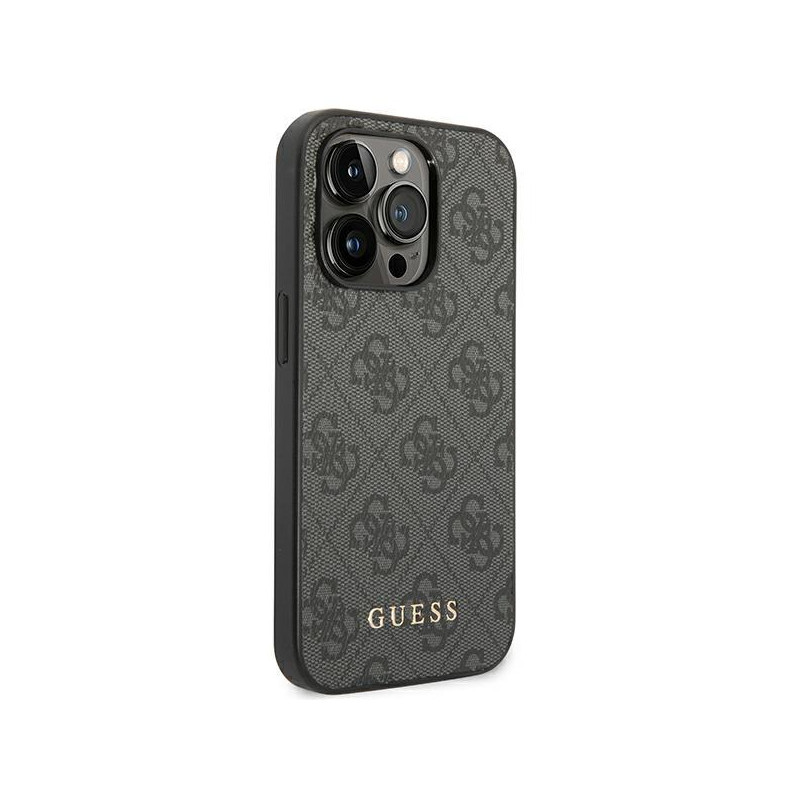 Guess GUHCP14XG4GFGR iPhone 14 Pro Max 6,7" pilkas/ pilkas kietas dėklas, 4G metalinis auksinis logotipas