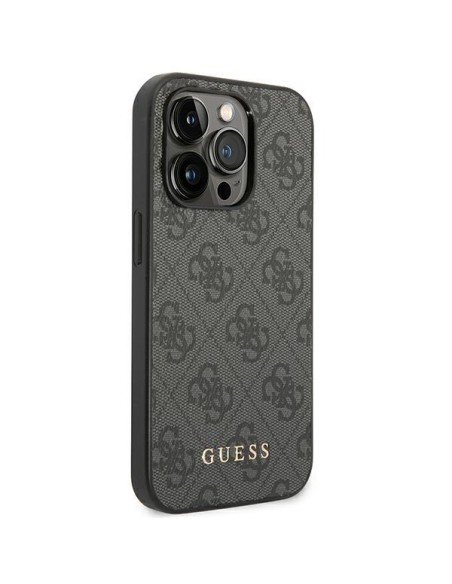 Guess GUHCP14XG4GFGR iPhone 14 Pro Max 6,7" pilkas/ pilkas kietas dėklas, 4G metalinis auksinis logotipas