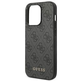 Guess GUHCP14XG4GFGR iPhone 14 Pro Max 6,7" pilkas/ pilkas kietas dėklas, 4G metalinis auksinis logotipas