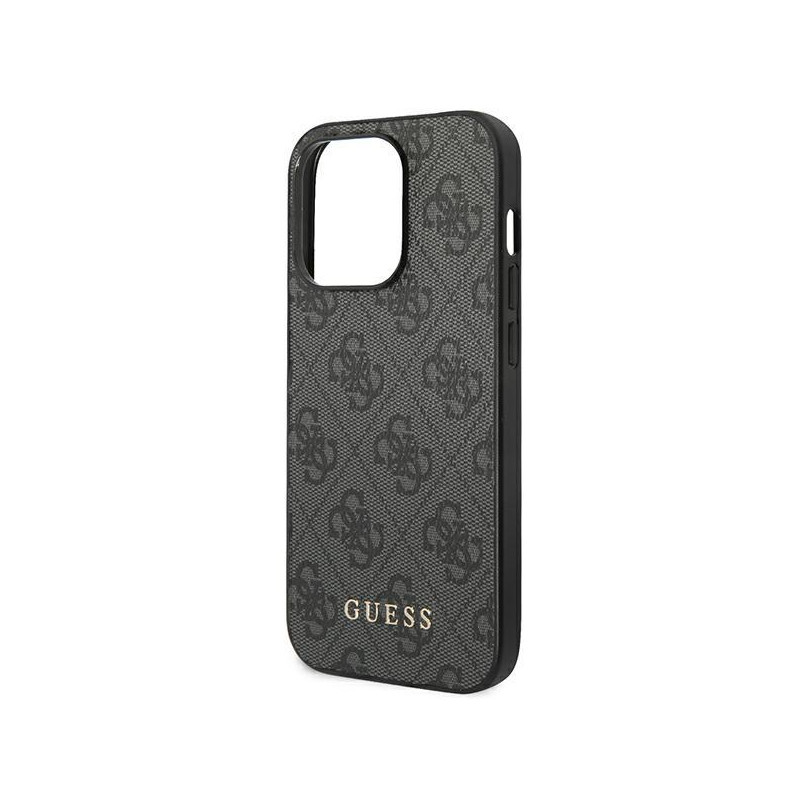Guess GUHCP14XG4GFGR iPhone 14 Pro Max 6,7" pilkas/ pilkas kietas dėklas, 4G metalinis auksinis logotipas