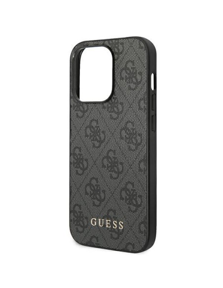 Guess GUHCP14XG4GFGR iPhone 14 Pro Max 6,7" pilkas/ pilkas kietas dėklas, 4G metalinis auksinis logotipas
