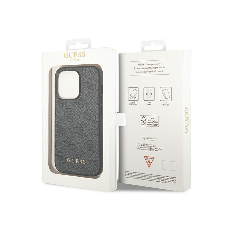Guess GUHCP14XG4GFGR iPhone 14 Pro Max 6,7" pilkas/ pilkas kietas dėklas, 4G metalinis auksinis logotipas