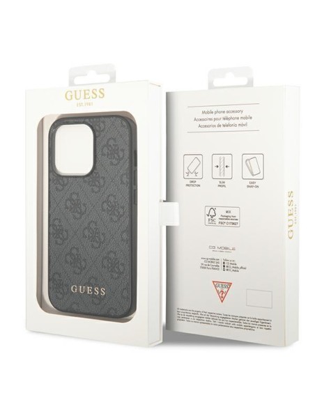 Guess GUHCP14XG4GFGR iPhone 14 Pro Max 6,7" pilkas/ pilkas kietas dėklas, 4G metalinis auksinis logotipas