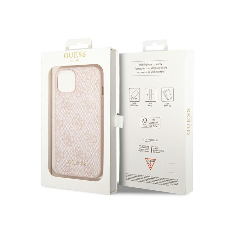 Guess GUHCP14SG4GFPI iPhone 14 6,1 colio rožinis/ rožinis kietas dėklas, 4G metalinis auksinis logotipas