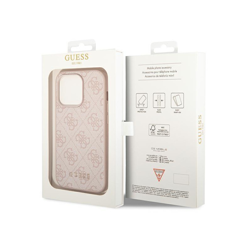 Guess 4G Metal Gold Logo dėklas, skirtas iPhone 14 Pro Max - rožinis