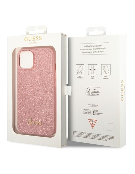 Guess Glitter Script dėklas iPhone 14 Plus - rožinis