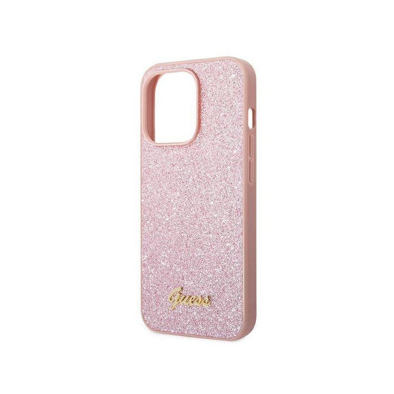 Guess Glitter Script dėklas iPhone 14 Pro - rožinis