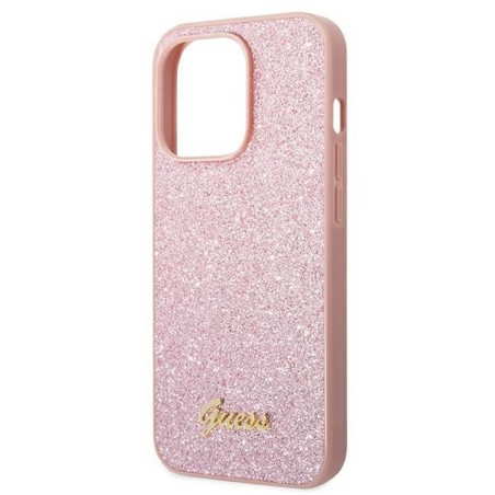 Guess Glitter Script dėklas iPhone 14 Pro - rožinis Guess Glitter Script dėklas iPhone 14 Pro - rožinis