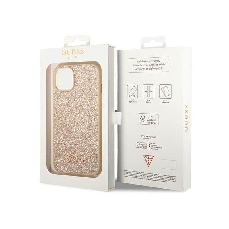 Guess Glitter Script dėklas iPhone 14 Plus - auksinis