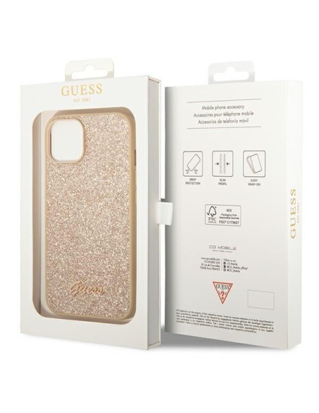 Guess Glitter Script dėklas iPhone 14 Plus - auksinis